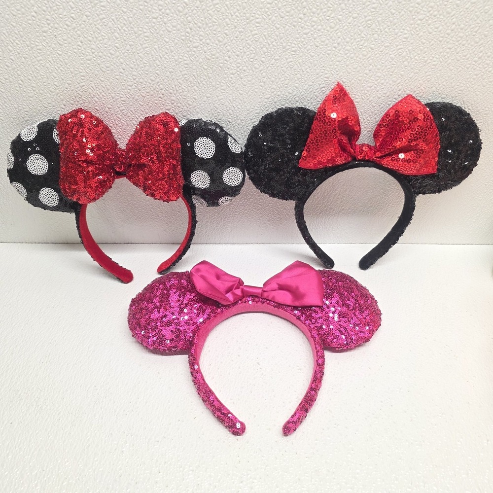 Lot of 3 Disney Park Minnie Mouse Ears Headband Sequin Bows One Size